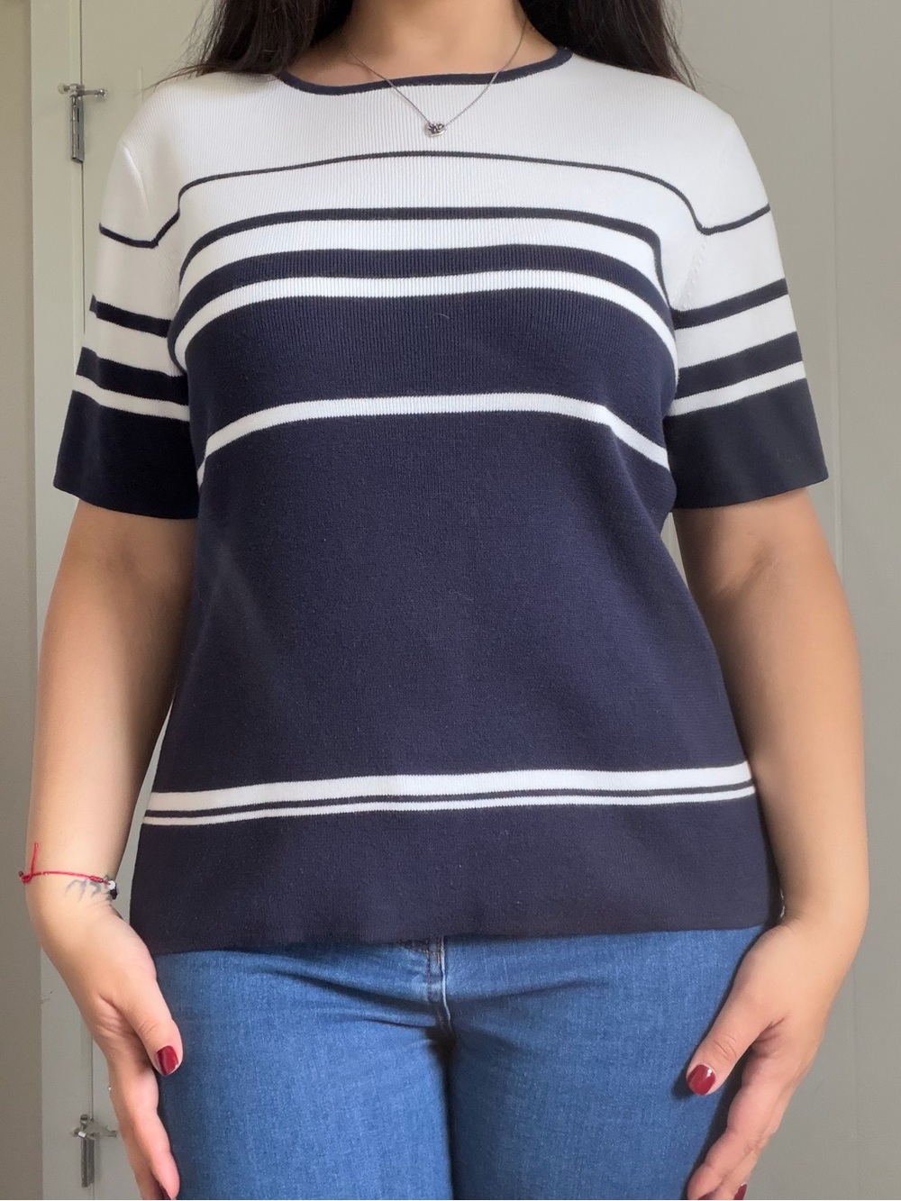 Sag Harbor Navy and White Striped Short-Sleeve Crew Sweater